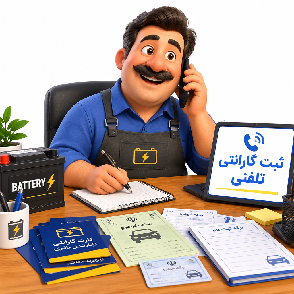 تکنسین متخصص امداد باتری موسوی در حال ثبت الکترونیکی گارانتی باتری اوربیتال در محل مشتری